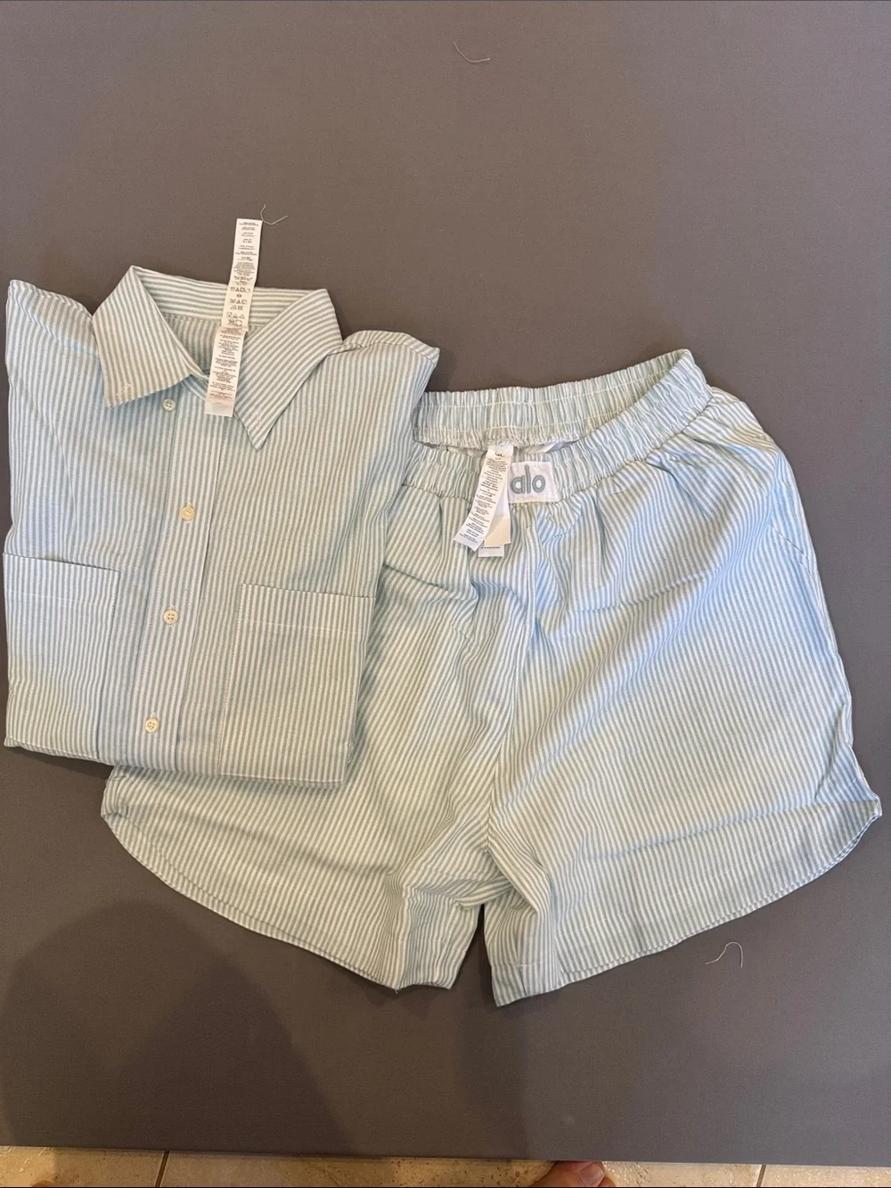 ALO Yoga Mint and White Striped Top with Embroidered Logo.( sets)